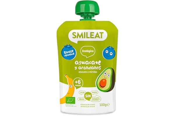 Smileat - Pouch de Frutas Ecológicas - Sin Sal ni Azúcar Añadido, Sin Gluten - Snack Práctico para Peques - Sabor a Aguacate y Arándanos