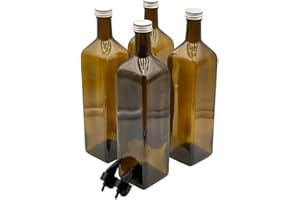 Devitre 4er Set Ölflasche 1000 ml mit 2x Aussgießer aus Kunststoff und Etiketten