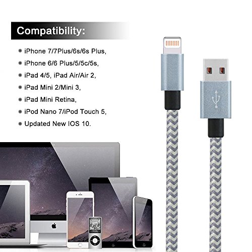 PeziMu iPhone Kabel Nylon, Geflochtenen USB Kabel für iPhone7 / 7plus / 6s / 6 plus, iPhone SE, iPhone 5s 5c 5, iPad, iPod – (1+2+3)M (Grau Weiß) - 6
