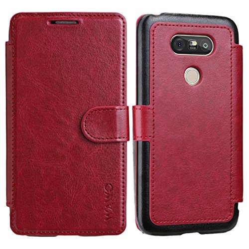 Funda Para LG G5 - WAWO Funda De Piel Tipo Cartera Para LG G5 Wallet Case - Rojo (Card Slot Vintage Series)(Funda Con Tapa LG G5 Carcasa)