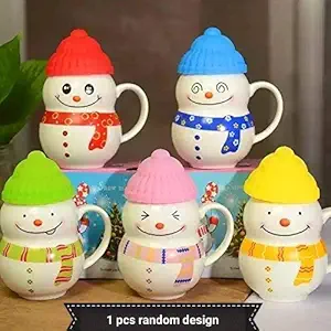 SATYAM KRAFT Ceramic Snow Man Mug With Silicon Lid Cover For Tea, Coffee, Milk, Beverage, Best Gift to Girls, boys, Men, Women, Girlfriend, Boyfriend, Husband Wife, Friends, Anniversary, Birthday - (1 Piece, Random Color, 300 ml)