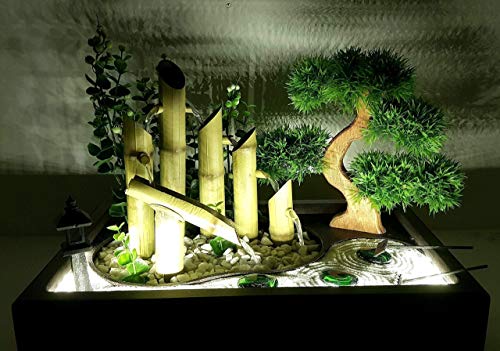 Bonseki Fontana Zen Da Interno 40 X 25cm Nero Con Giardino Zen Da Tavolo Bonsai E Led Personalizzabile