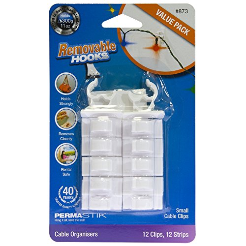 PermaStik Small Cable Clips Value Pack, 12 Hooks & 12 Adhesive Strips, Holds 300G Each, White