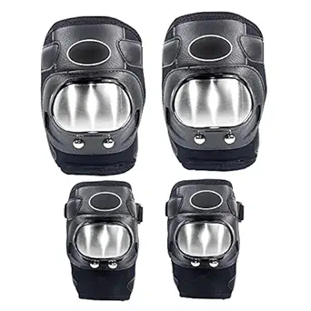 Miwings Bikers Knee Pad Stainless Steel Riders Protective Guard Breathable Adjustable Knee Shin Armor Protector Protection Kits ((Set of 4) Half Elbow Knee Steel Guard)