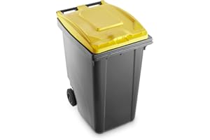 Mobil Plastic Poubelle de recyclage des déchets 360 l pour usage extérieur - Fond gris et couvercle jaune (Uni EN 840)
