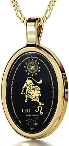 Gold Plated Zodiac Pendant Leo Necklace Inscribed in 24ct Gold on Onyx Stone, 18" Gold Filled Chain