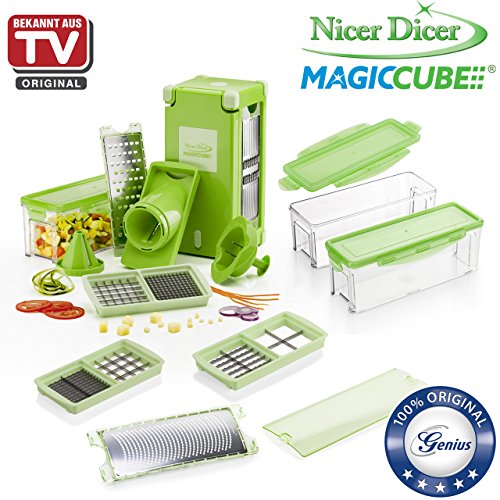 Genius Nicer Dicer Magic Cube | 22 Teile | 4 Auffangbehälter | Schneiden | Reiben | Julienne | Spiralen | Hobeln | Würfeln | Obst- und Gemüseschneider | Bekannt aus TV | NEU