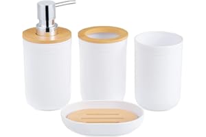 HonGien Bathroom Accessory Set,4Pcs Bathroom Decoration Accessories with Toothbrush Holder, Mouthwash Cup, Lotion Bottle and Soap Dish (White)