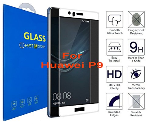 Huawei P9 - Curvo 3D Cristal Templado Protector de Pantalla, 3D completo borde curvado [ borde a borde ] para Huawei P9 (Blanco)
