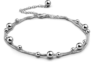 Dankadi Bracelet de Cheville avec Perles en 925 Argent 2 en 1, Double Chaînes à Maillons des Boules Simple Classique 20 28CM Bohèm Bijoux de Pied de Poignet Été Plage Réglable pour Femme