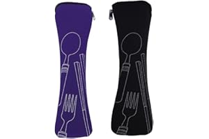 Mnsconkl Bestecktasche,Bestecktasche für Unterwegs 2 Stück Tragbare Neopren Bestecktaschen Leer mit Reißverschluss Besteck Camping Geschirr Waschbar Schule Picknick Besteck to go Taschen Schwarz Lila
