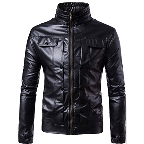 Preisvergleich Produktbild Kaiki Herren PU Lederjacke Herbst Winter Radfahrer Motorrad Reißverschluss Oberbekleidung warmer Mantel Knopf Verzieren Sie Windbreaker (M, Black)