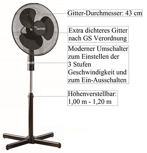 Winde – Standventilator – Kühlgerät – Luftkühler – Geräuscharm – Höhenverstellbar – 3 Geschwindigkeitstufen – aut. Schwenkbar (Oszillationsfunktion) - 2