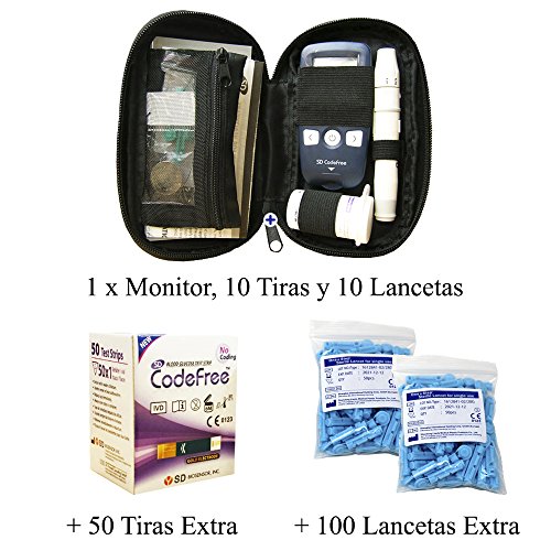 SD Codefree - Estuche que contiene Monitor de Glucosa, 10 Tiras y 10 Lancetas - Más 50 Tiras y 100 Lancetas Adicionales