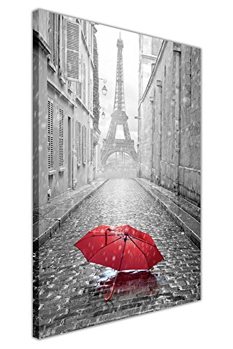 Paris Canvas Prints Iconic Ieffel Tower With Red Umbrella 18mm Thick Frame Giclee Wall Art Pictures SIZE: A3-16" X 12" (40CM X 30CM)
