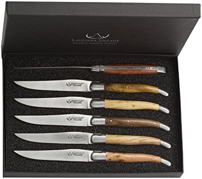 Laguiole Village Nature Collection Set Matte Stainless Steel 6 Piece Steak Knife Set (Thuya Wood Pistachio Green Boxwood, Walnut, Olive Wood, Cedar)