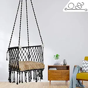 Patiofy Made in India Premium C-Swing Chair for Adults, Kids Hammock-Hanging Chair Swing with Golden Color Cushion and Accessories/Swing Cushion (Black)