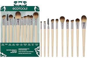 EcoTools Natural Beauty 10 Piece Brush Set - Vegan Tools For Full Face And Eye Looks: Liner, Shadow, Crease, Brow, Setting, Base. Cruelty-Free, Eco-Made, Easy To Clean, Works With All Formulas