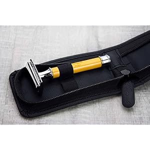 3 Piece Men's Shaving De Safety Razor in Yellow Colour. Perfect for Deep Clean Shave. Comes in a Leather Zipper Pouch… - Image 3