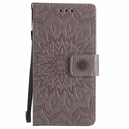 Xperia M4 Aqua Hülle, Dfly Premium Slim PU Leder Mandala Blume prägung Muster Flip Hülle Bookstyle Stand Slot Schutzhülle Tasche Wallet Case für Sony Xperia M4 Aqua, Grau - 2