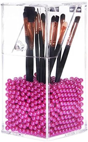Small Size Makeup Brush Organizer, Acrylic Dustproof Cosmetic Holder Storage Box with Rosy Pearls (MBB003)