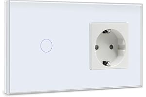 BSEED Interruptor con Enchufe,1 Gang 1 Vía Interruptor de Luz con Enchufe de pared,BlancoInterruptor tactil de Luz pared con indicador LED,enchufes de extensión con panel de vidrio templado 500W