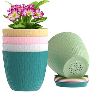 StyleX Store Plastic Round Flower Pots With Drainage Hole Saucers | Durable Outdoor Indoor Wave Pattern Planter with Tray | Plant Container for Garden, Office, Balcony and Home (Set of 5, Multicolour)