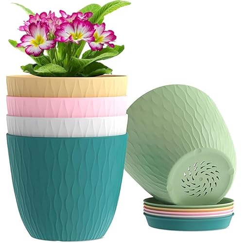 StyleX Store Plastic Round Flower Pots With Drainage Hole Saucers | Durable Outdoor Indoor Wave Pattern Planter with Tray | Plant Container for Garden, Office, Balcony and Home (Set of 5, Multicolour)