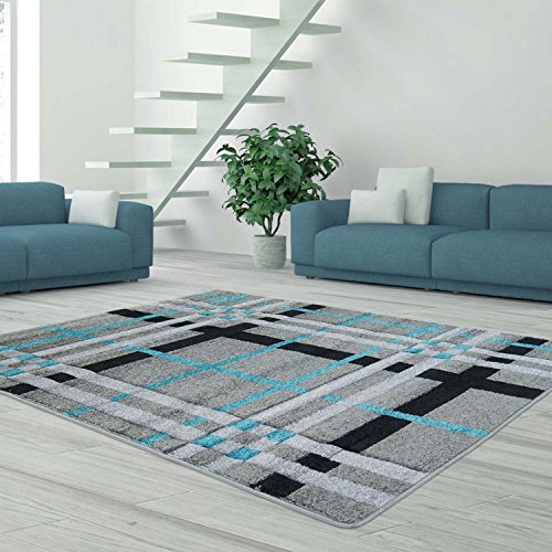 Preisvergleich Produktbild Teppich Flachflor Hochwertig Modern Moda Konturenschnitt Flannel Muster Kariert Grau Türkis Größe 80 / 300 cm