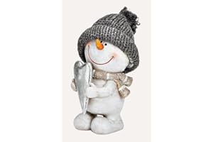 TEMPELWELT Deko Figur Schneemann mit Herz 14 cm, Keramik grau weiß, Dekofigur Schneemannfigur Winterdeko Winter Weihnachten
