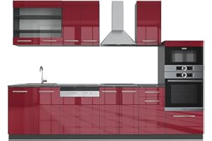 Vicco cucina componibile Fame-Line, Bordeaux lucido/antracite, 300 cm con armadio alto, senza piano di lavoro