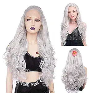 Ebingoo Handmade Christmas Synthetic Lace Front Wig Silver White Heat Resistant Fiber Hair Long Wavy for Sexy American Women(22inches)