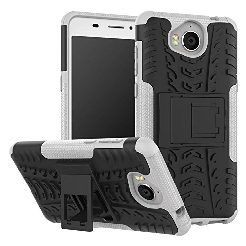 SMTR Huawei Y6 2017 Funda   Heavy Duty  H  brida Rugged Armor Case Choque Absorci  n Protecci  n Dual Layer Bumper Carcasa con pata de Cabra para Huawei Y6 2017 blanco