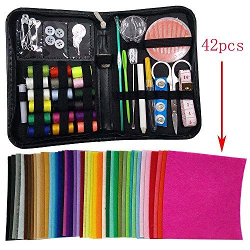 Fieltro en piezas de colores y kit de costura: 42 piezas de fieltro acrílico, suave + 1 Kit de costura en estuche con cremallera