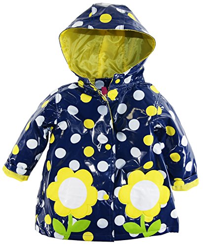 Wippette Baby Girls Infant Waterproof Hooded Floral Polka Dots Raincoat Jacket, Navy, 18 Months