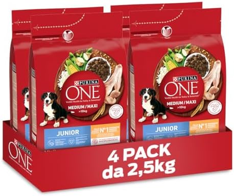 Purina One Medium/Maxi > 10 kg Junior Crocchette Cane Pollo con Riso, 4 Confezioni da 2,5 kg