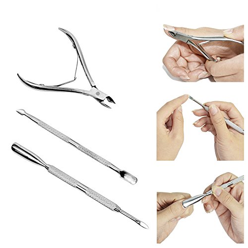 Vivo © Set of 3 Stainless Steel Nail Cuticle Spoon Pusher Remover Cutter Nipper Clipper Cut Kit