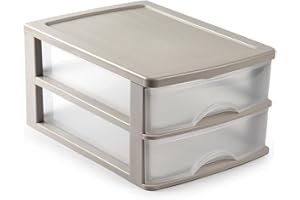 CABLEPELADO Torre de almacenamiento con 2 cajones sobremesa, Organizador de escritorio, Caja de almacenamiento de escritorio,18.5 cm alto x 26 cm ancho x 35 cm fondo, Beige y cajones transparentes