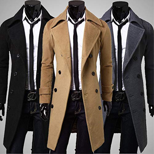 Herren Trenchcoat, Winter Herrenmantel Vintage Zweireiher Umlegekragen Lang Wollmantel Jacke Parka Anzugjacken Wärmemantel Freizeit Strickjacke Cardigan Trenchcoat Outwear (Grau, XL)