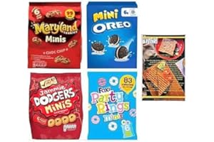 Party Snack Selection Mini Biscuits x24, Iced Party Rings, Maryland Minis, Jammie Dodgers and Oreo Minis. Also Includes Kitchen Fella 'Cooking Tips'