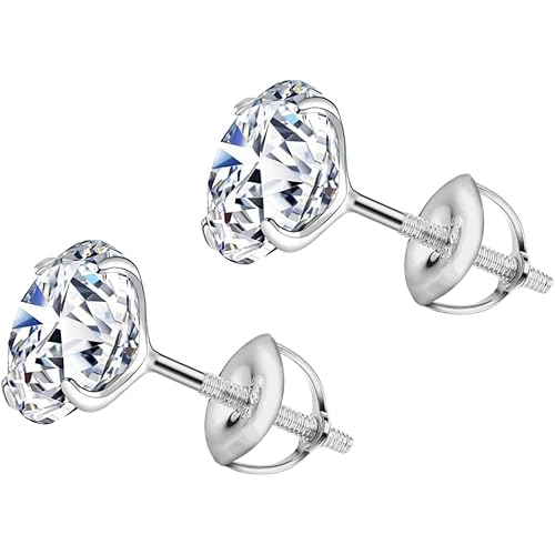 HIGHSPARK 925 Silver Solitaire Screwback Stud Earrings | 92.5 Sterling Silver & Round Brilliant Cubic Zirconia Tops for Men Women
