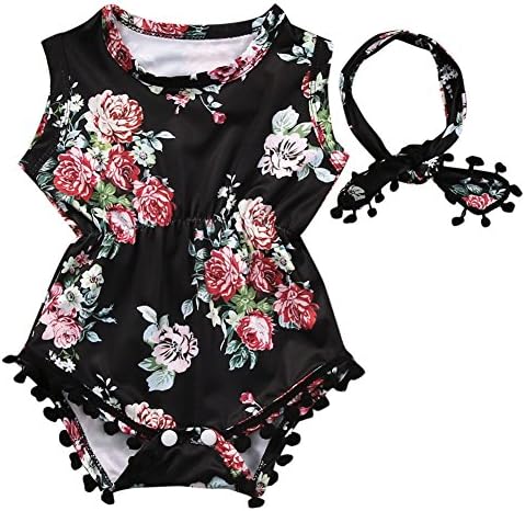 Lovely Baby Girl Romper Clothes 2017 Summer Floral Tassel Bodysuit Jumpsuit +Headband 2PCS Outfit Sunsuit Tracksuit Clothing Set (18-24 Months)