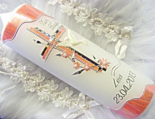 Taufkerze Kommunionkerze Junge Mädchen 250/70 mm VT-12 inkl. Zubehör für selbstbeschriften