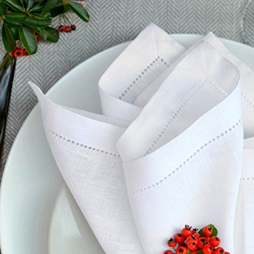 Linen & Cotton 4 x Luxus Stoffservietten FLORENCE mit Hohlsaum – 43cm x 43cm, 100% Leinen (Weiß) - 2