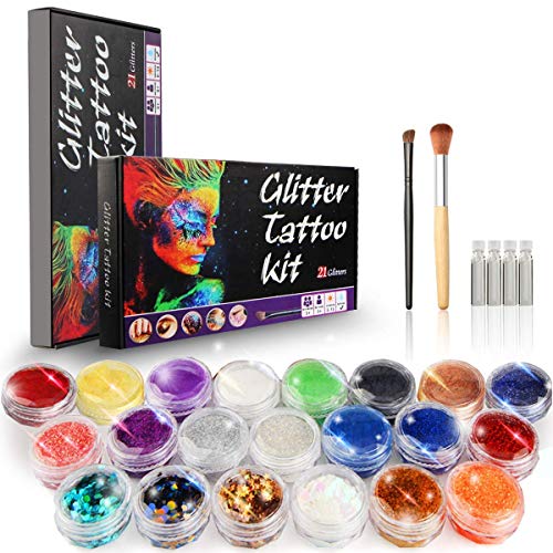7 Star Kit de Tatuajes Temporales, Tatuaje de Brillo para Niños, Adolescentes y Adultos con 24 Colores, 6 Polvo Luminosos 118 Hojas Únicas Plantilla de Tatuaje Temático, para Maquillaje,Arte Corporal