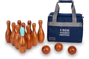 Uber Games - Wooden Skittles Set - 10 Pin - 23cm Hardwood Skittles - 3 Hardwood Balls - Canvas Bag Included