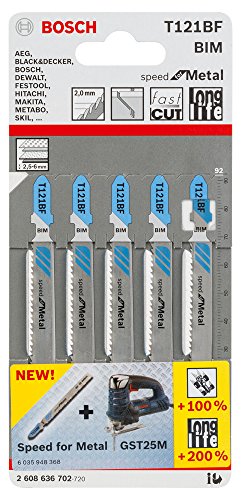 BOSCH Stichsägeblatt T 121 BF, Speed für Metal, 5-er Pack, Bleche, 2608636702 - 2