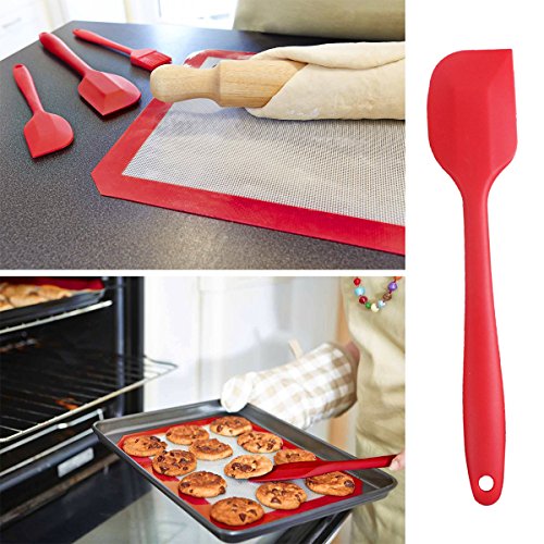 Silikon Mixer Teigschaber Backpinsel Set – Silikonschaber Küchengeräte Kleine Schmal Teigspachtel – Backzubehör Küchenhelfer Set Topfset Kochbesteck – mit stabilem Edelstahlkern zum Kuchen Backen und Mixen, Einteilig, 28cm in Rot - 3