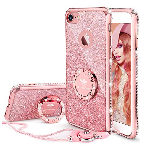 OCYCLONE Fundas para iPhone 7/iPhone 8,Purpurina Fundas Carcasa con Anillo para Mujer,Ultra Slim Soft TPU Fundas Movil con Glitter Brillante Anillo Bumper Apple iPhone 7,iPhone 8 para Mujer,Oro Rosa
