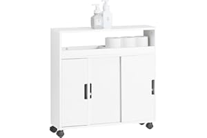 SoBuy Mueble de Baño con Ruedas, Carro Multiuso con Estantes y Bandeja, Mueble Auxiliar Baño, Armario Estrecho con Puertas Correderas Blanco L70cm x P20cm x H71cm BZR02-W